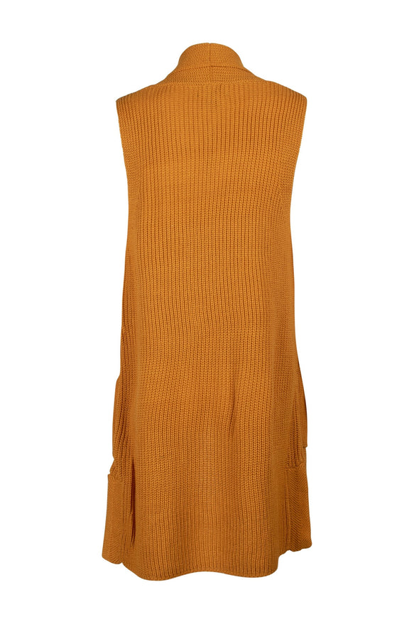 Lapel Collar Sleeveless Long Bodied Knit Sweater with Pockets
