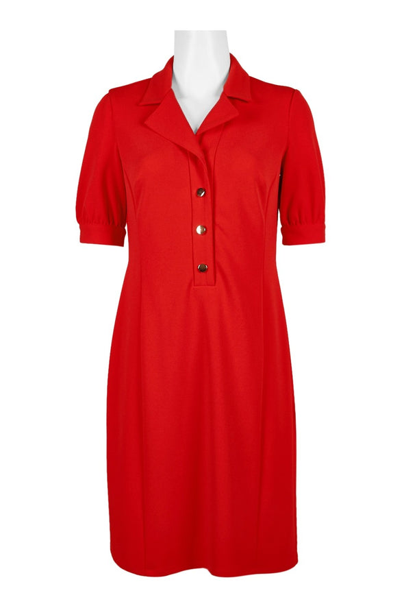 Collared Button Down Short Sleeve Solid Stretch Crepe Dress