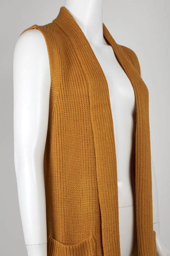 Lapel Collar Sleeveless Long Bodied Knit Sweater with Pockets