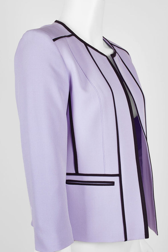 Crew Neck Long Sleeve Open Front Piping Detail Crepe Jacket