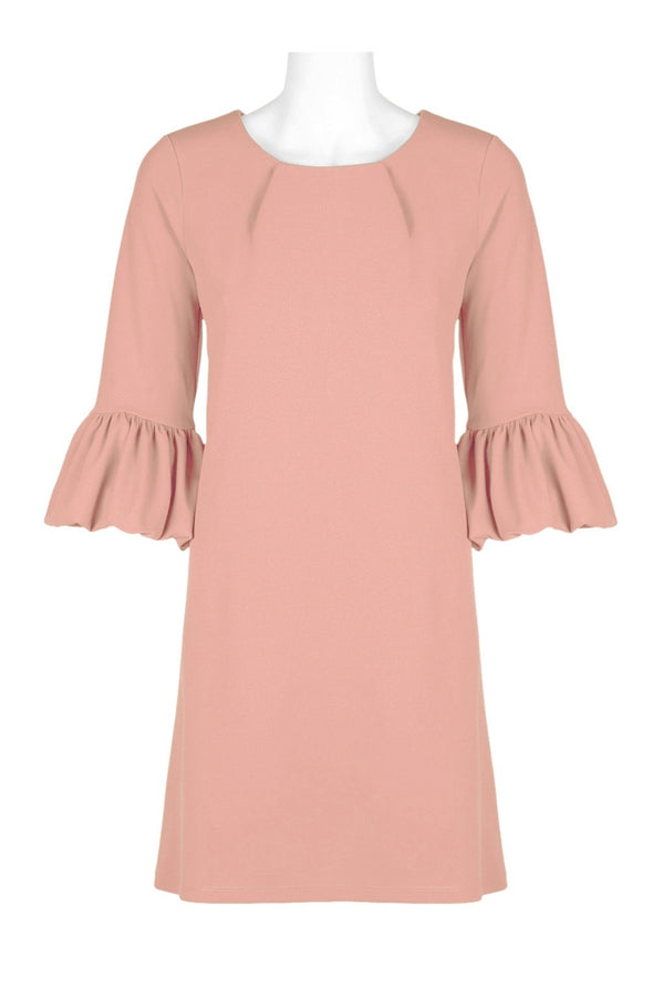 Scoop Neck Circular Flounce Sleeve Pleated Zipper Back Solid Stretch Crepe Dress
